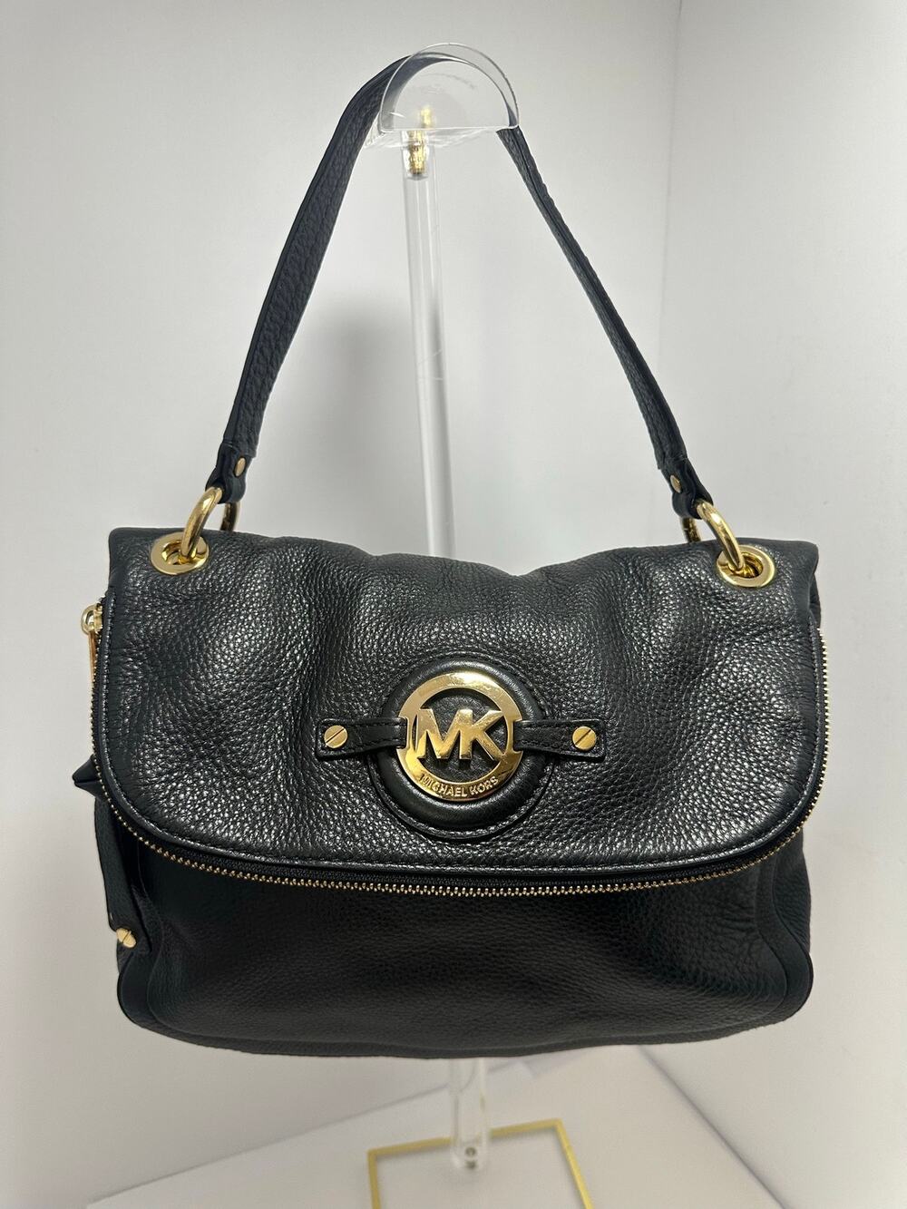 Michael Kors Black Pebbled Leather Shoulder Bag Gold Hardware Zip Around Flap